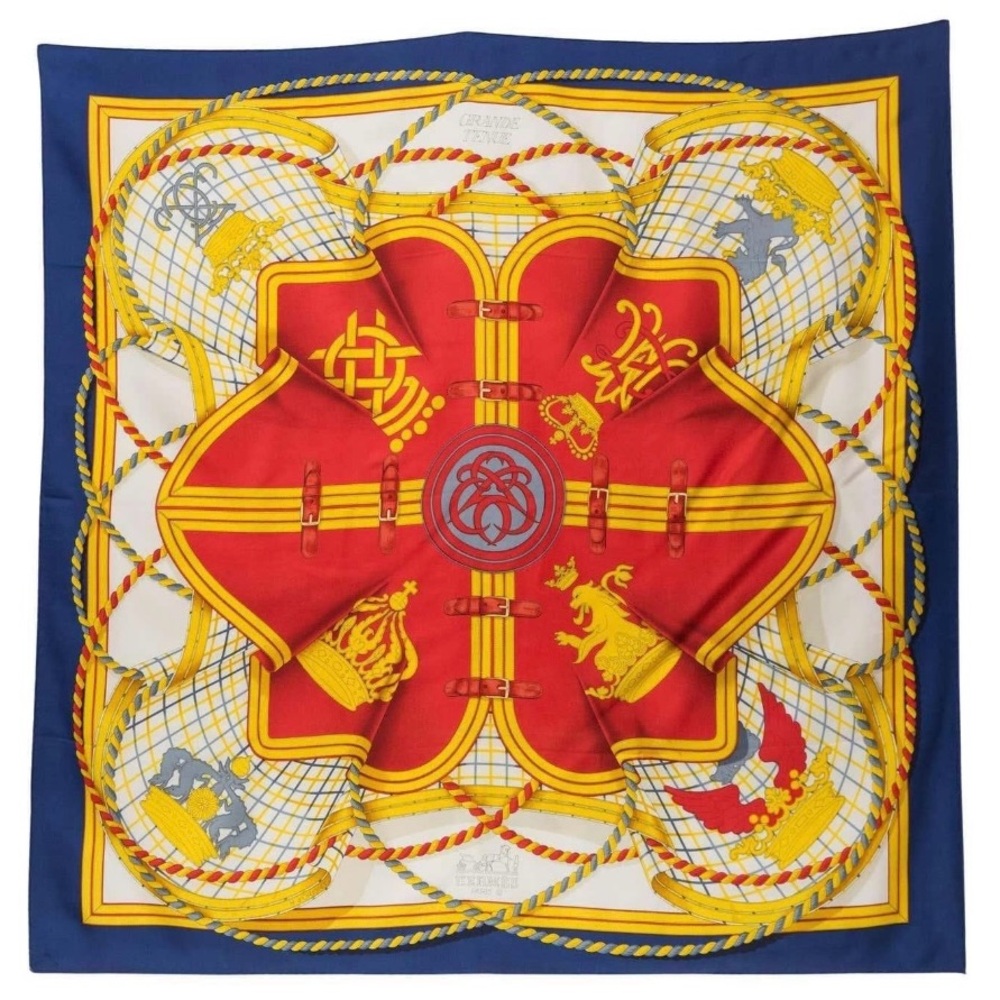 Hermès Grand Tenue 90cm Silk Scarf Blue, Red and Gold